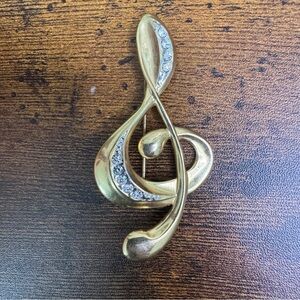 Gold Treble Clef Brooch with Rhinestones
